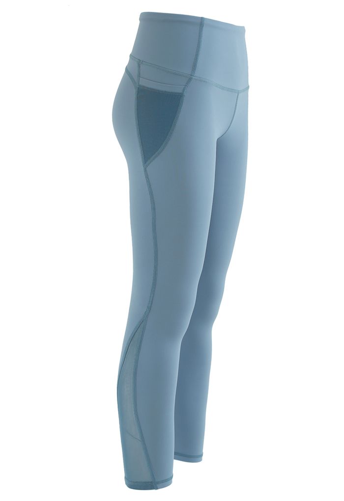 Mesh Pockets High Rise Seam Detail Ankle-Length Leggings in Blue