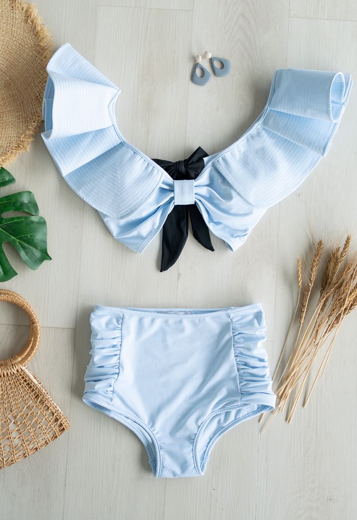 Plunging V-Neck Bowknot Ruffle Trim Bikini Set