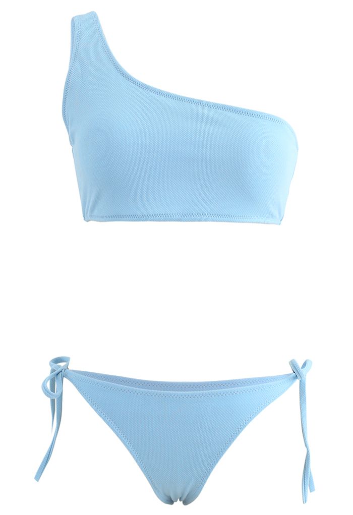 One-Shoulder Tie Side Low Rise Bikini Set in Blue