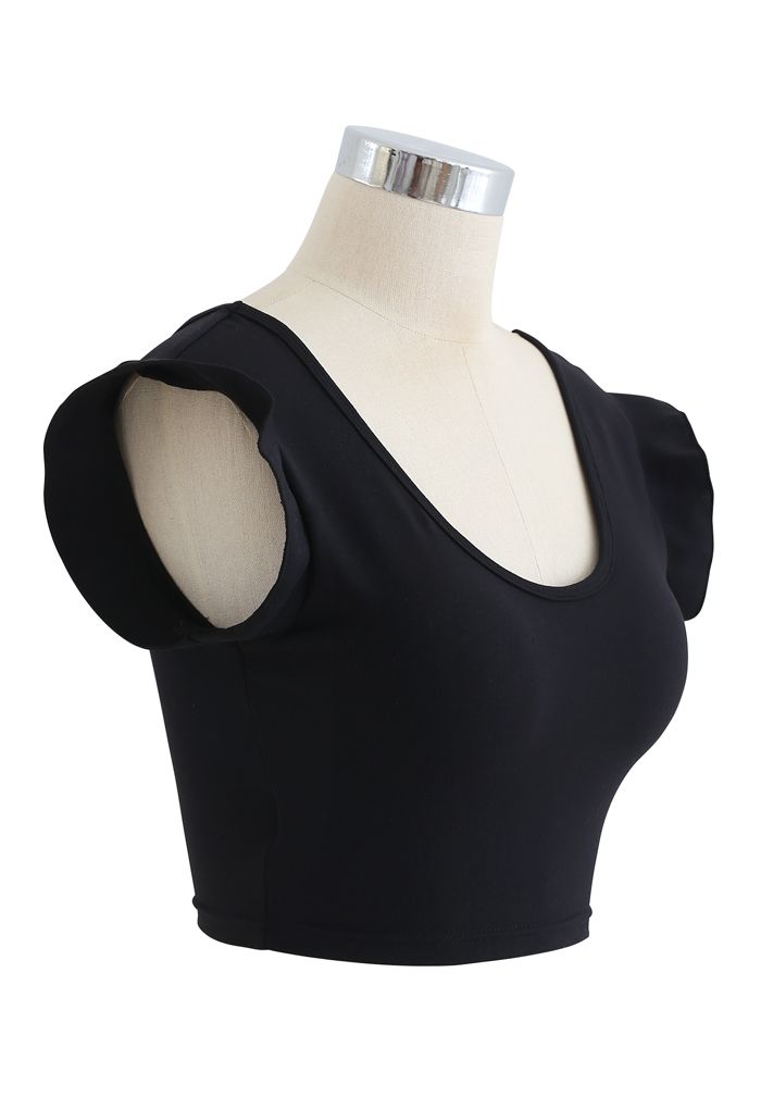 Ruffle Sleeves Scoop Neck Low-Impact Sports Bra in Black