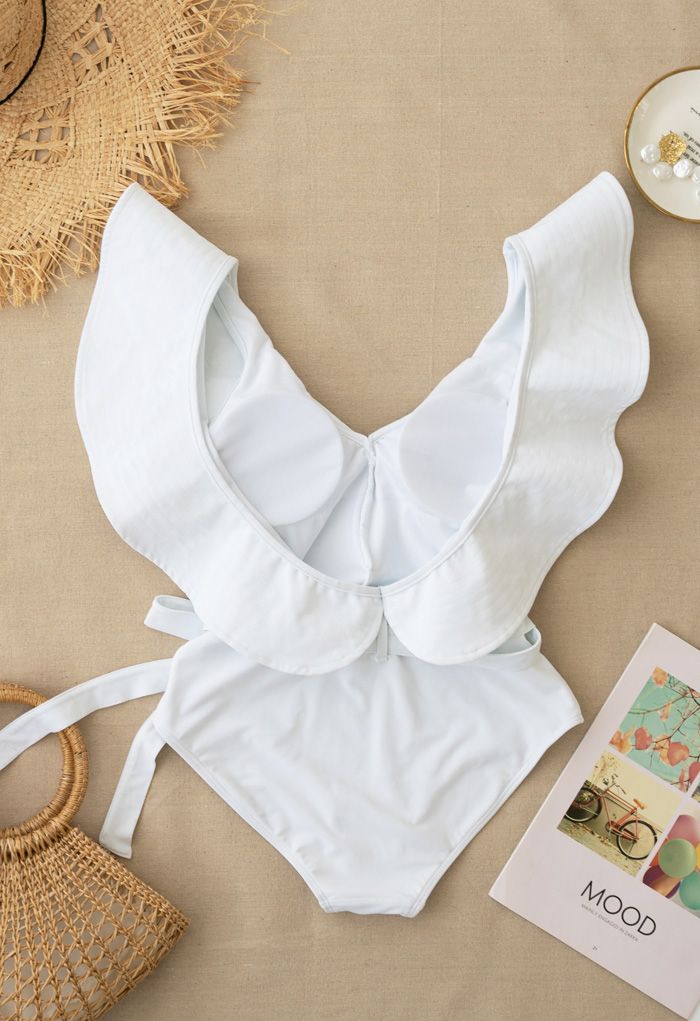 Plunging V-Neck Ruffle One-Piece Swimsuit in White