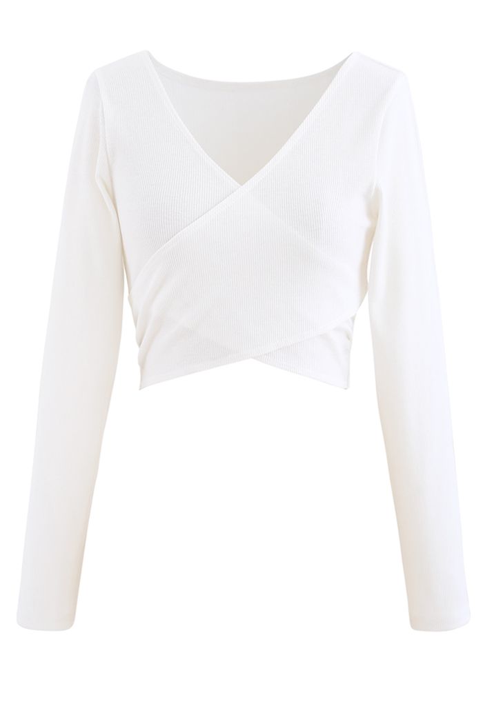 Crisscross Front Long Sleeves Ribbed Top in White