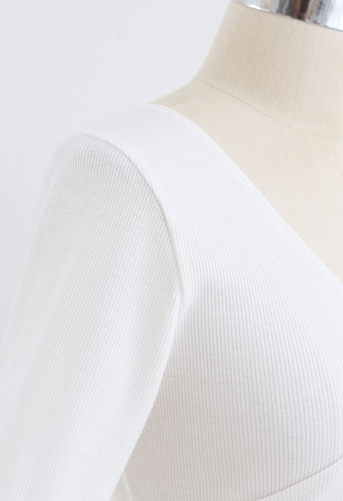 Crisscross Front Long Sleeves Ribbed Top in White