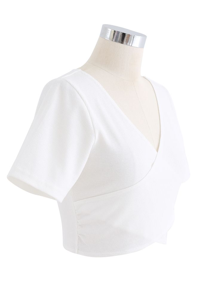 Crisscross Front Short Sleeves Ribbed Top in White