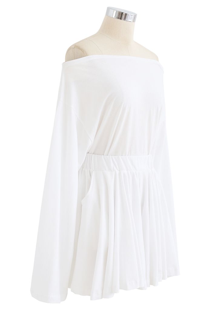 Oblique Shoulder Top and Pocket Shorts Set in White