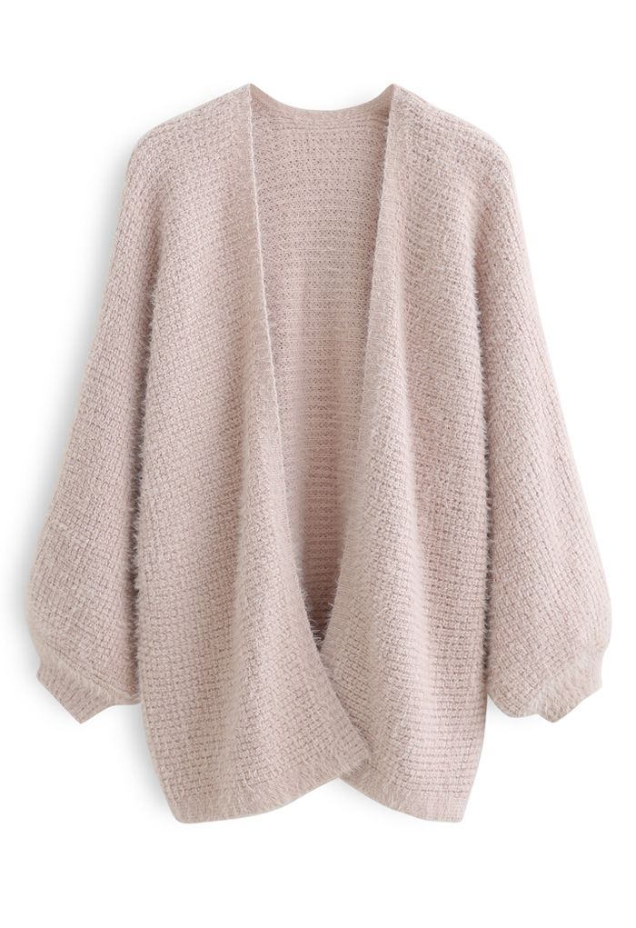 Fuzzy Open Front Waffle Knit Cardigan in Dusty Pink