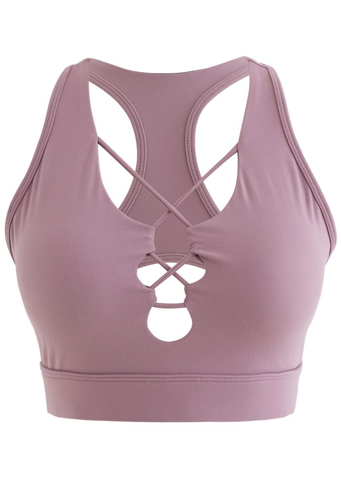 Lace-Up Front Sports Bra and Pockets Leggings Set in Purple