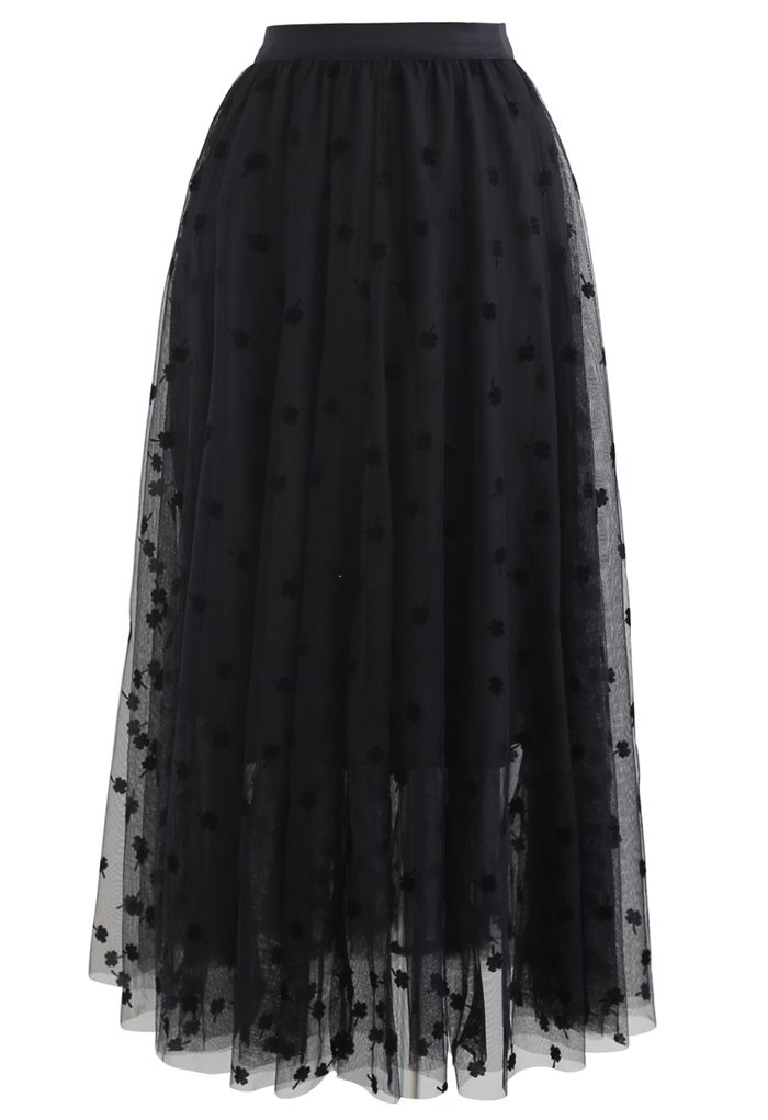 3D Clover Double-Layered Mesh Midi Skirt in Black