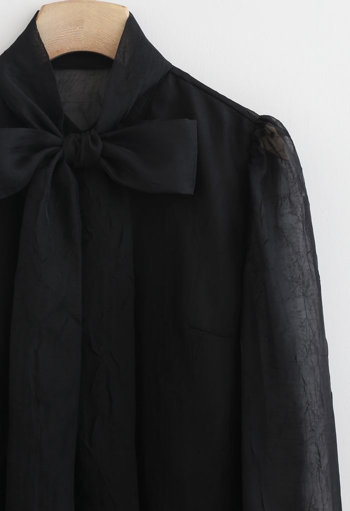 Sheer Bowknot Button Down Shirt in Black