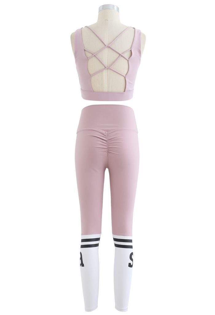 Lace-Up Back Sports Bra and Butt Lift Leggings Set in Pink