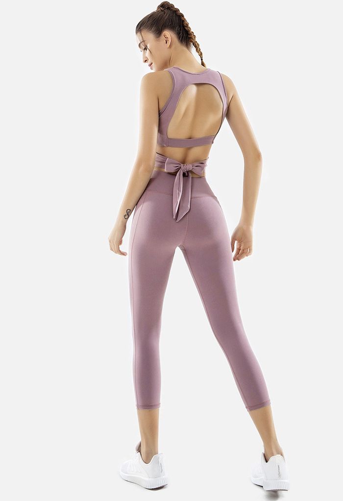 Open Back Bowknot Waist Sports Bra and Crop Leggings Sets in Lilac