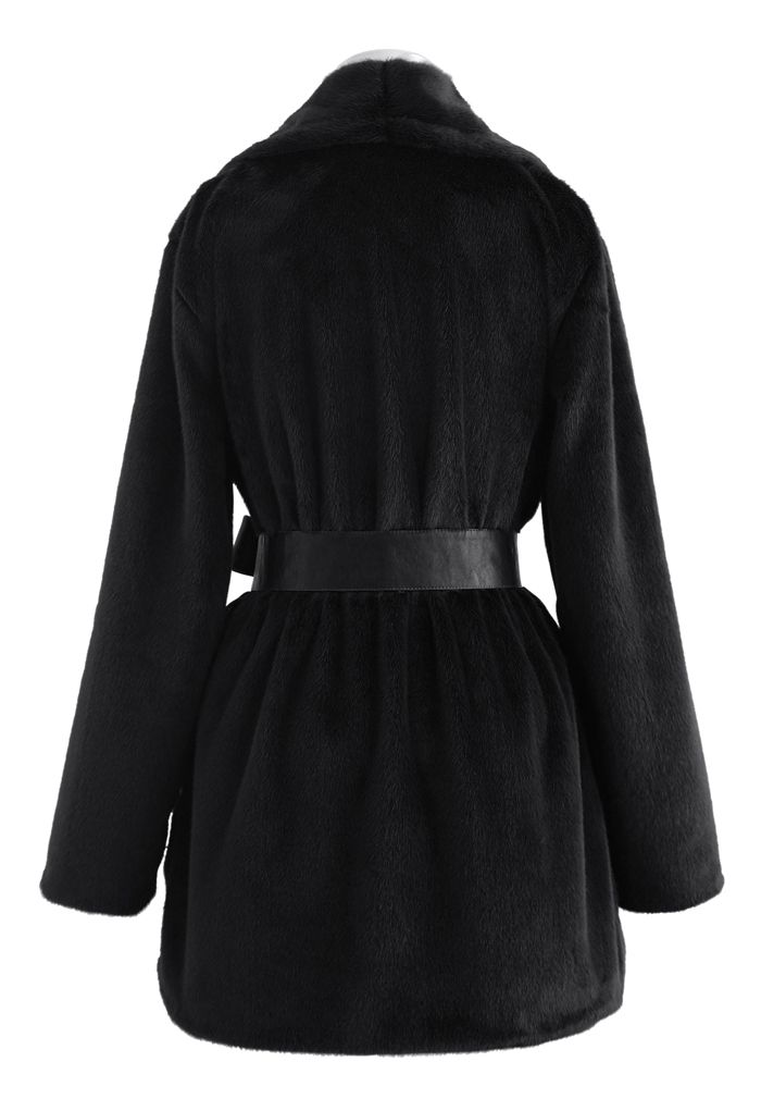 Faux Fur PU Leather Belted Coat in Black
