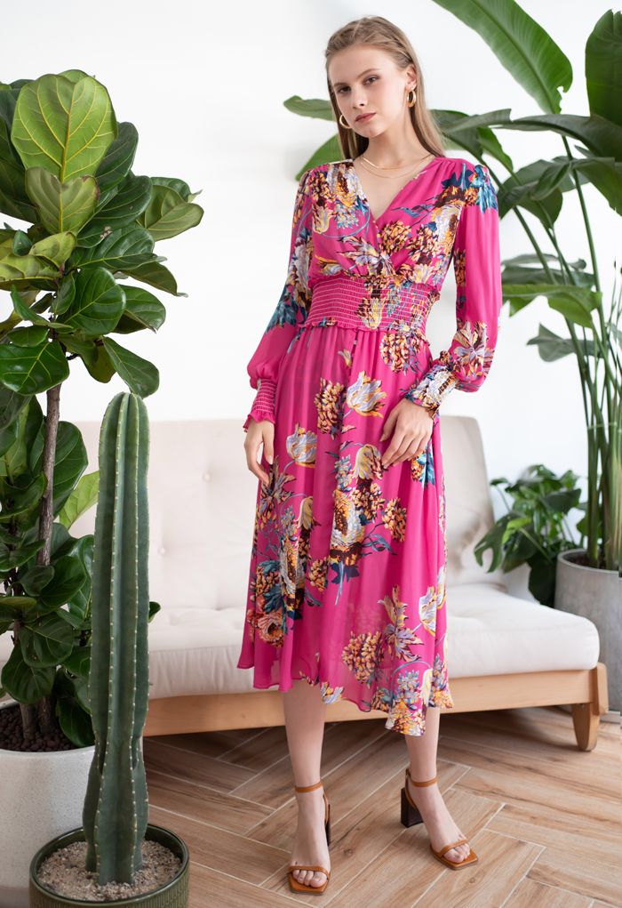 Blooming Bouquet Satin Button Down Wrap Midi Dress in Magenta