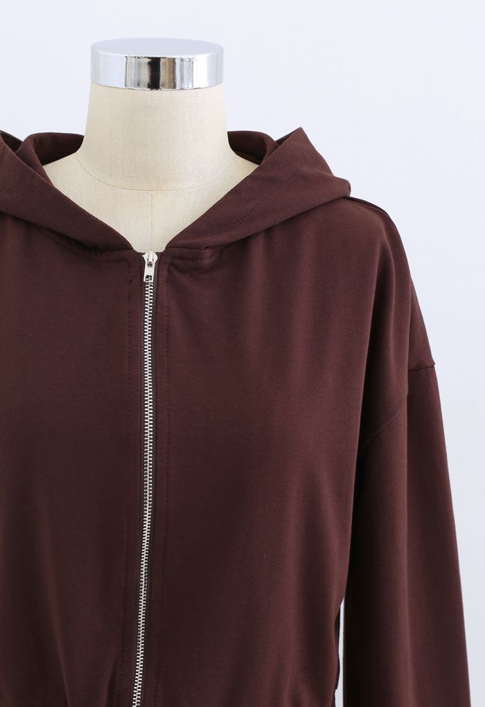 Hooded Zipper Sweatshirt and Drawstring Joggers Set in Brown