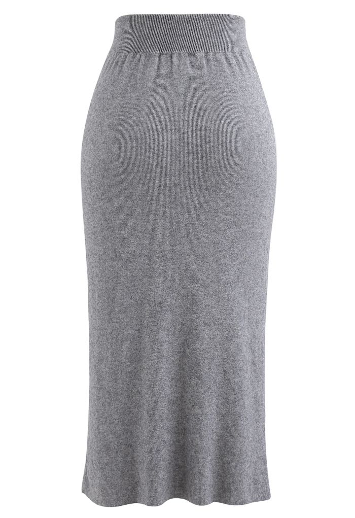 High Waist Ribbed Knit Pencil Skirt in Grey