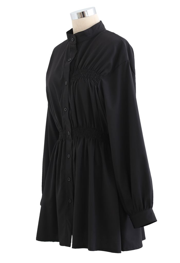 Asymmetric Shirred Button Down Shirt Dress in Black