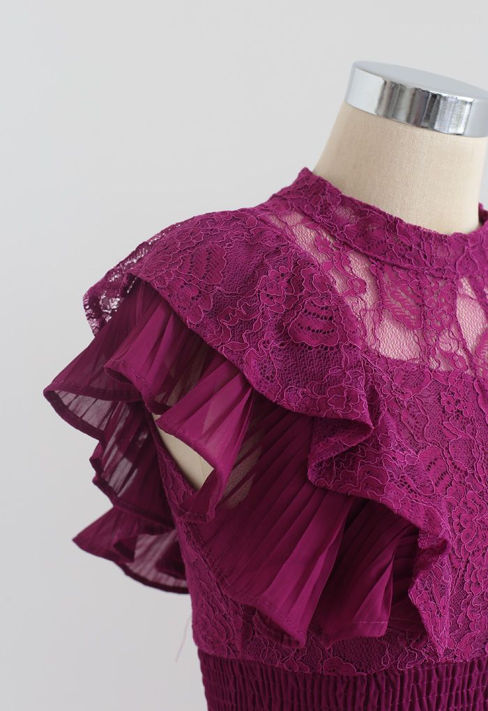 Tiered Ruffle Sleeveless Midi Lace Dress in Magenta