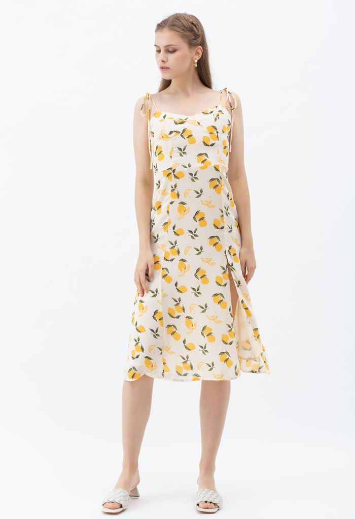 Lemon Print Sweetheart Self-Tie Cami Dress