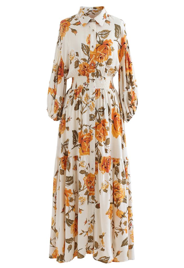 Blossom Moment Bubble Sleeves Button Down Maxi Dress in Cream