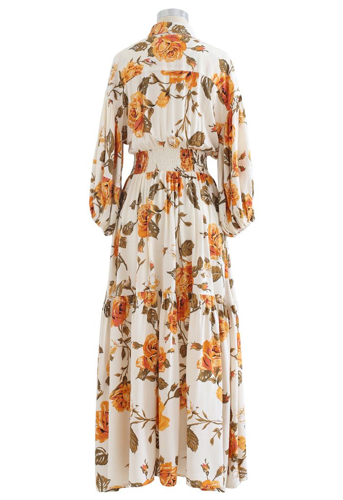 Blossom Moment Bubble Sleeves Button Down Maxi Dress in Cream