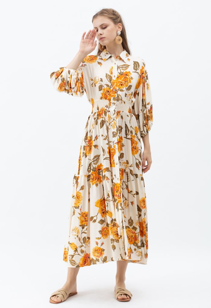 Blossom Moment Bubble Sleeves Button Down Maxi Dress in Cream