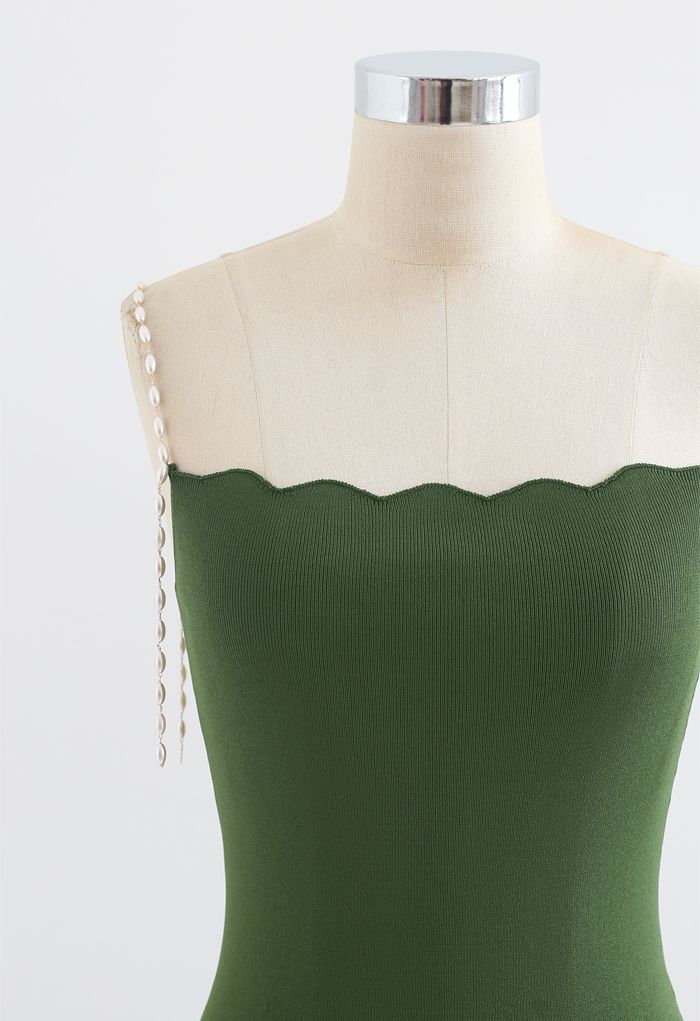 Pearl Straps Bodycon Knit Cami Dress in Green