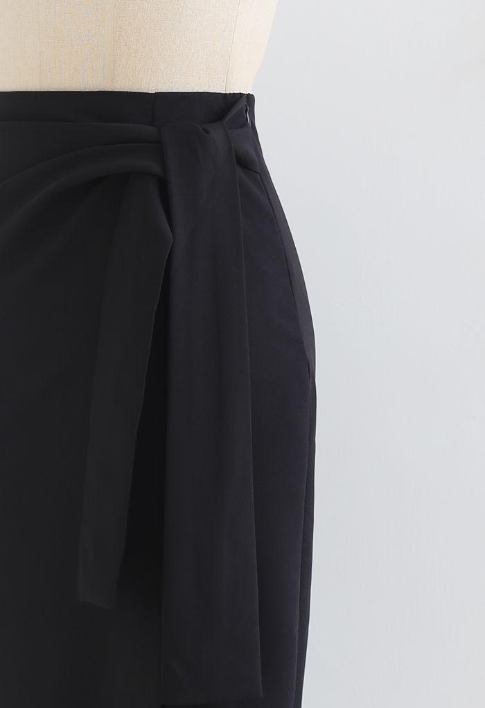 Tie Waist Front Split Pencil Skirt in Black
