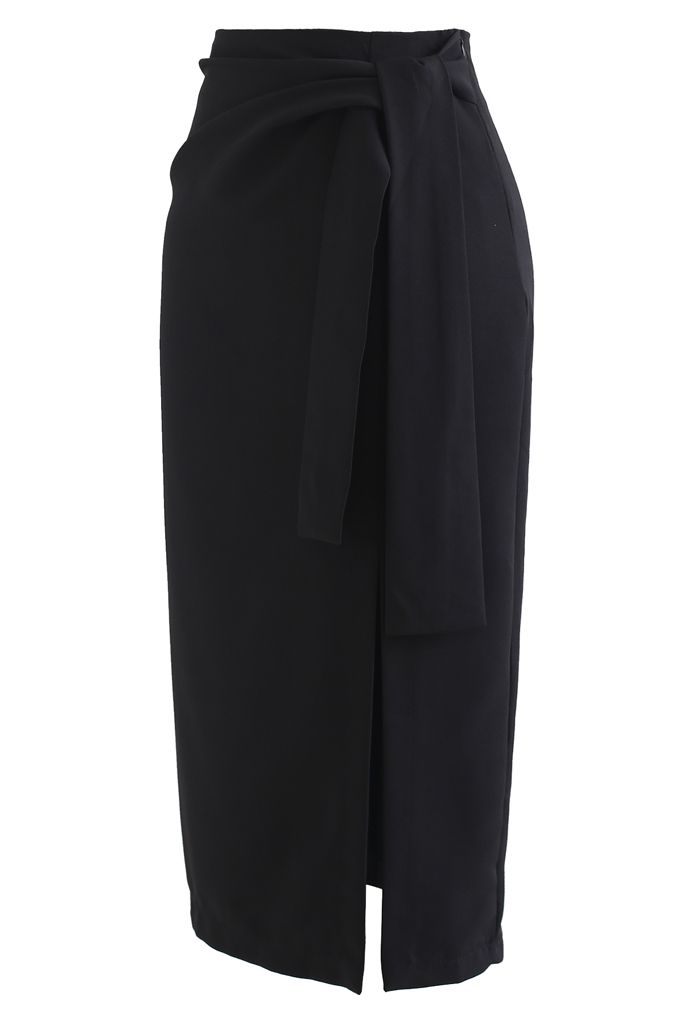 Tie Waist Front Split Pencil Skirt in Black