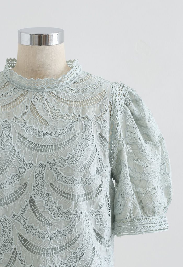 Leaves Shadow Embroidered Crochet Top in Mint