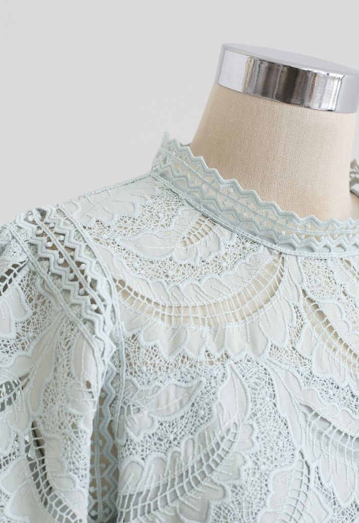 Leaves Shadow Embroidered Crochet Top in Mint