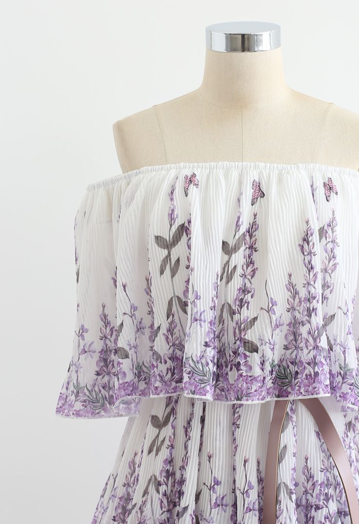 Lavender Printed Pleated Off-Shoulder Tiered Dress in White