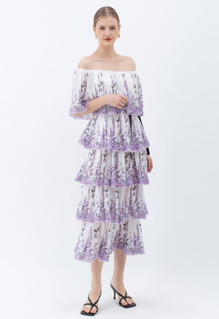 Lavender Printed Pleated Off-Shoulder Tiered Dress in White