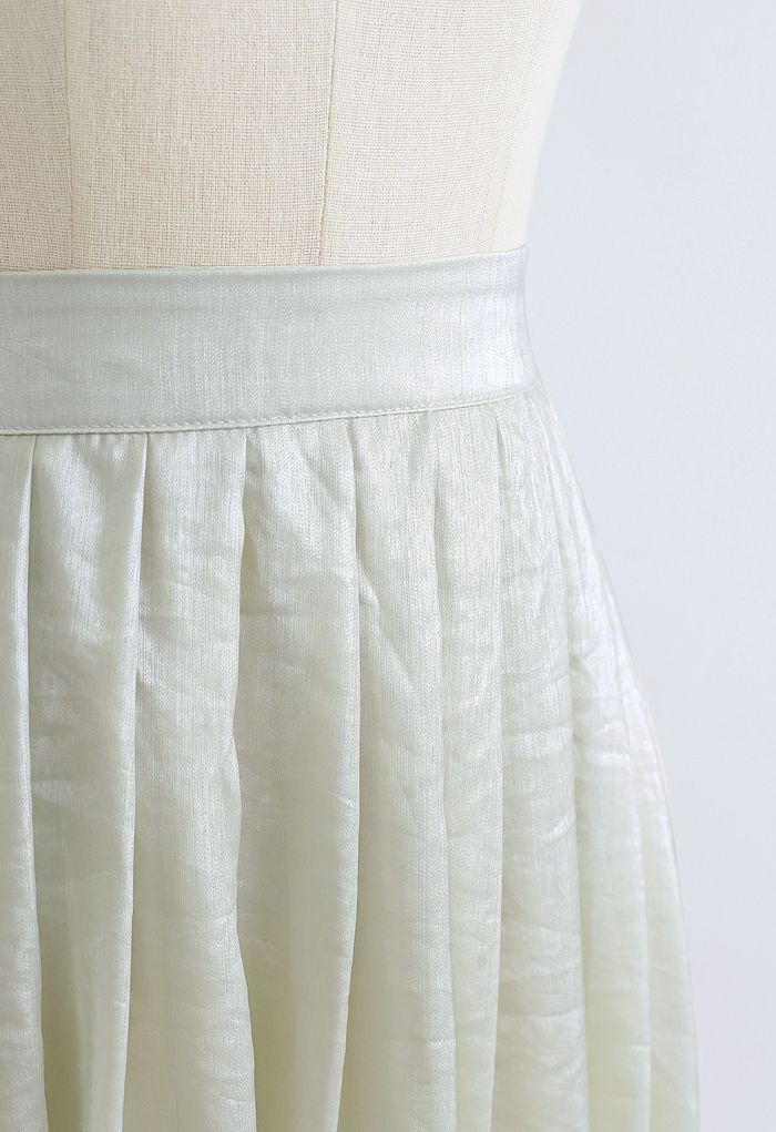 Shimmer Breeze Pleated A-Line Midi Skirt in Pea Green