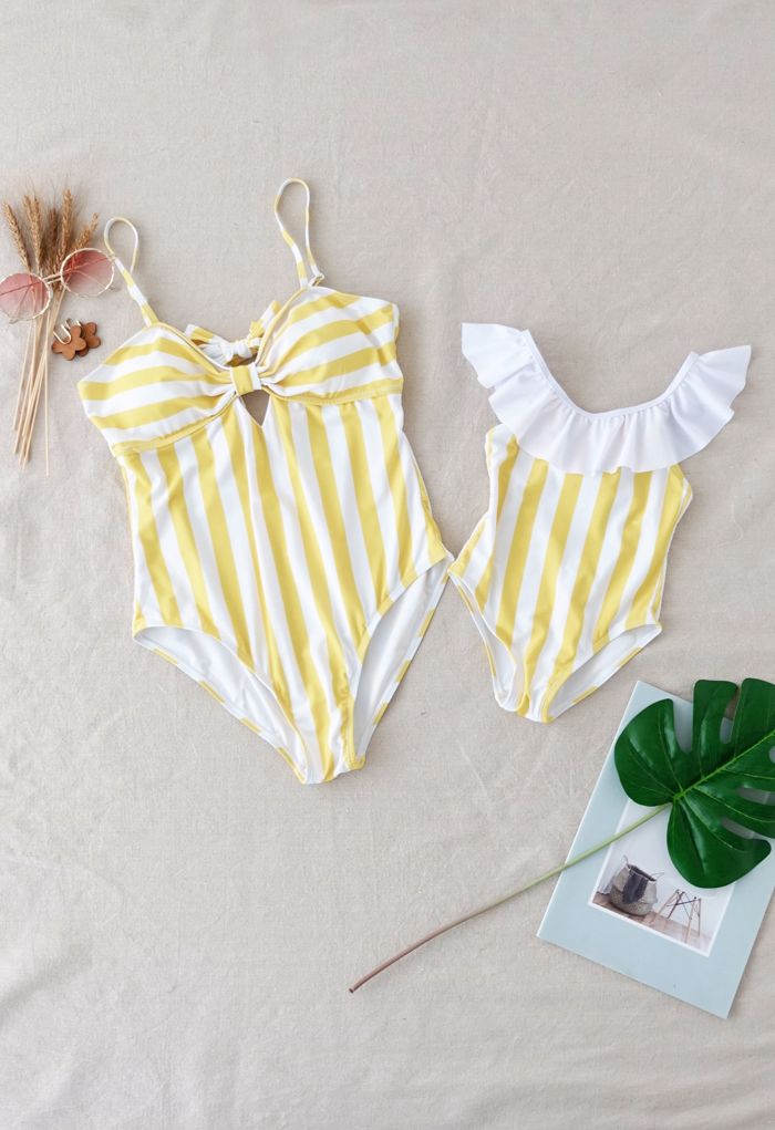 Stripe Printed Bowknot Back Swimsuit for Mommy & Kids