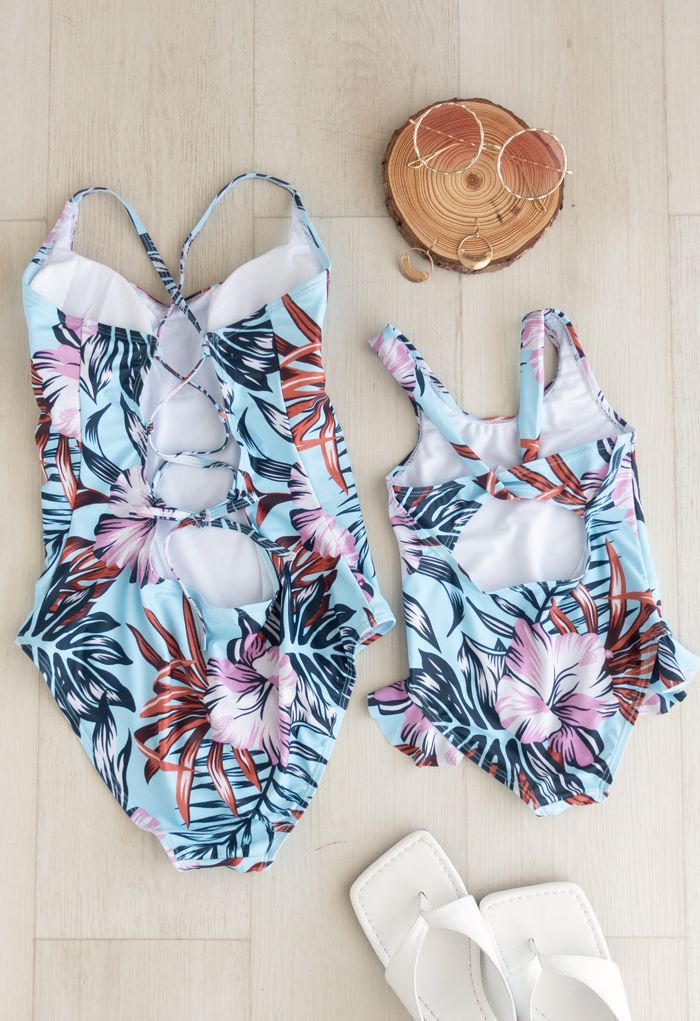 Tropical Floral Print Ruffle Cami Swimsuit for Mommy & Kids