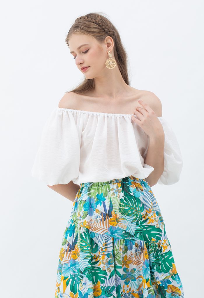 Pastel Color Bubble Sleeves Off-Shoulder Top in White