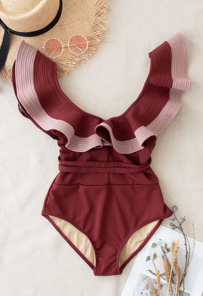 Ruffled Neck One-Piece Swimsuit in Wine for Mommy & Kids
