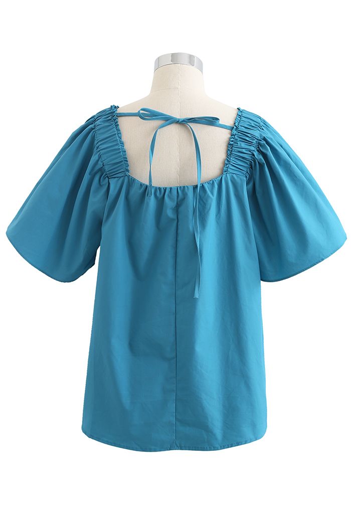 Flared Sleeves Tie Neck Top in Cyan