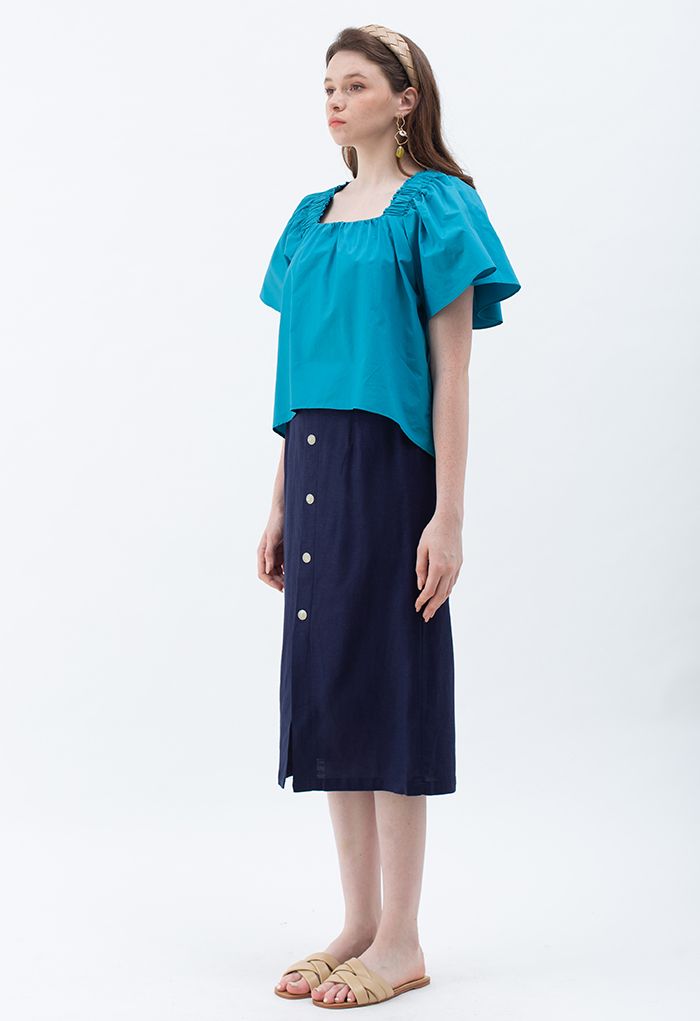 Flared Sleeves Tie Neck Top in Cyan