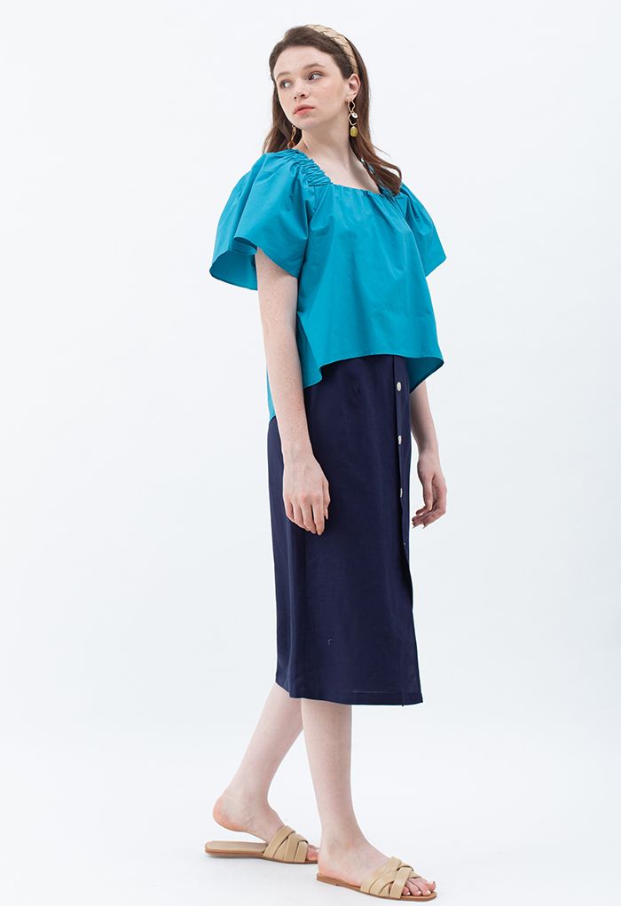 Flared Sleeves Tie Neck Top in Cyan