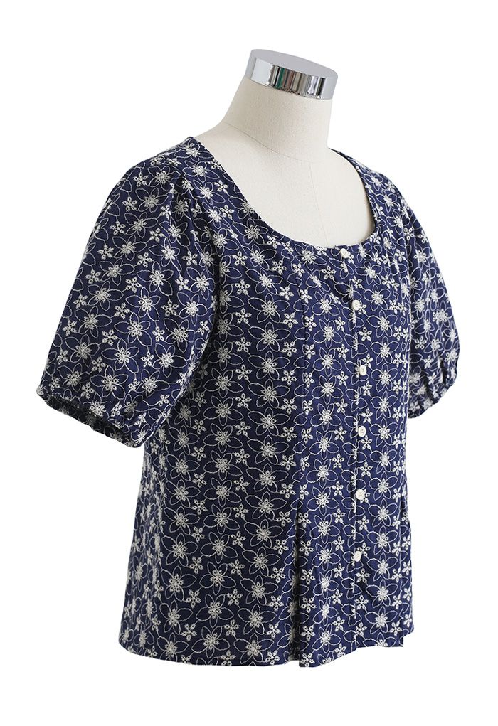 Button Down Embroidered Floral Cotton Top in Navy