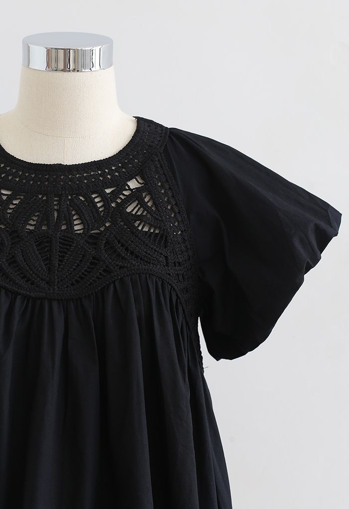 Crochet Inserted Bubble Sleeves Dolly Top in Black