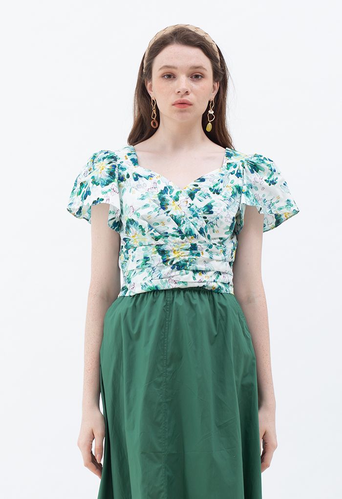 Wrap Front Bowknot Pleated Crop Top in Abstract Print