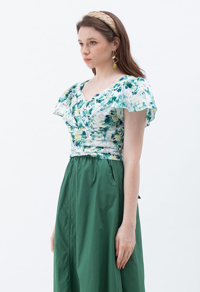 Wrap Front Bowknot Pleated Crop Top in Abstract Print