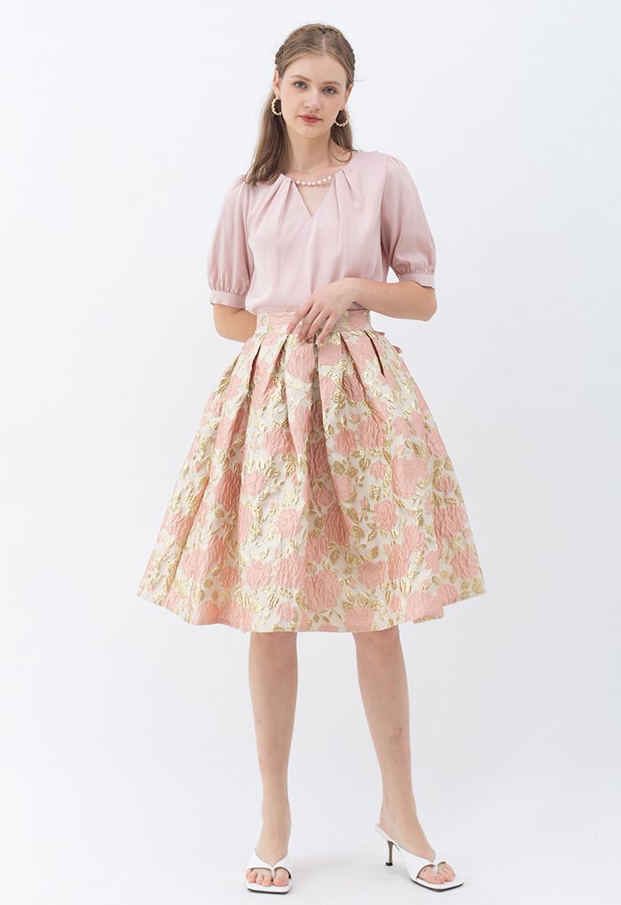 Charming Rose Jacquard Embossed Pleated Skirt