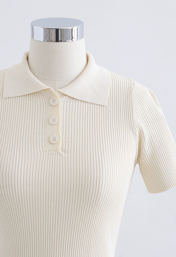 Triple Buttons Short Sleeve Fitted Knit Top in Cream