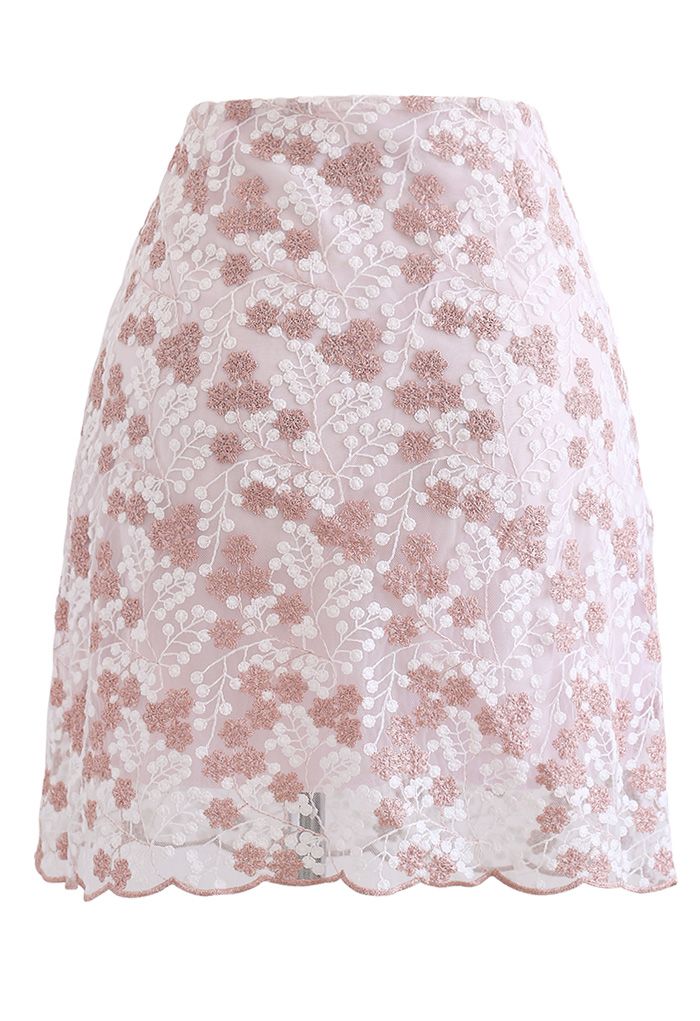 Embroidered Floral Mesh Mini Skirt