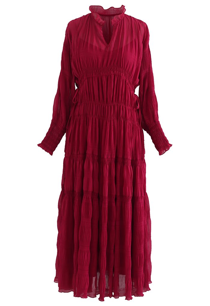 Full Shirring Side Drawstring Chiffon Dress in Red