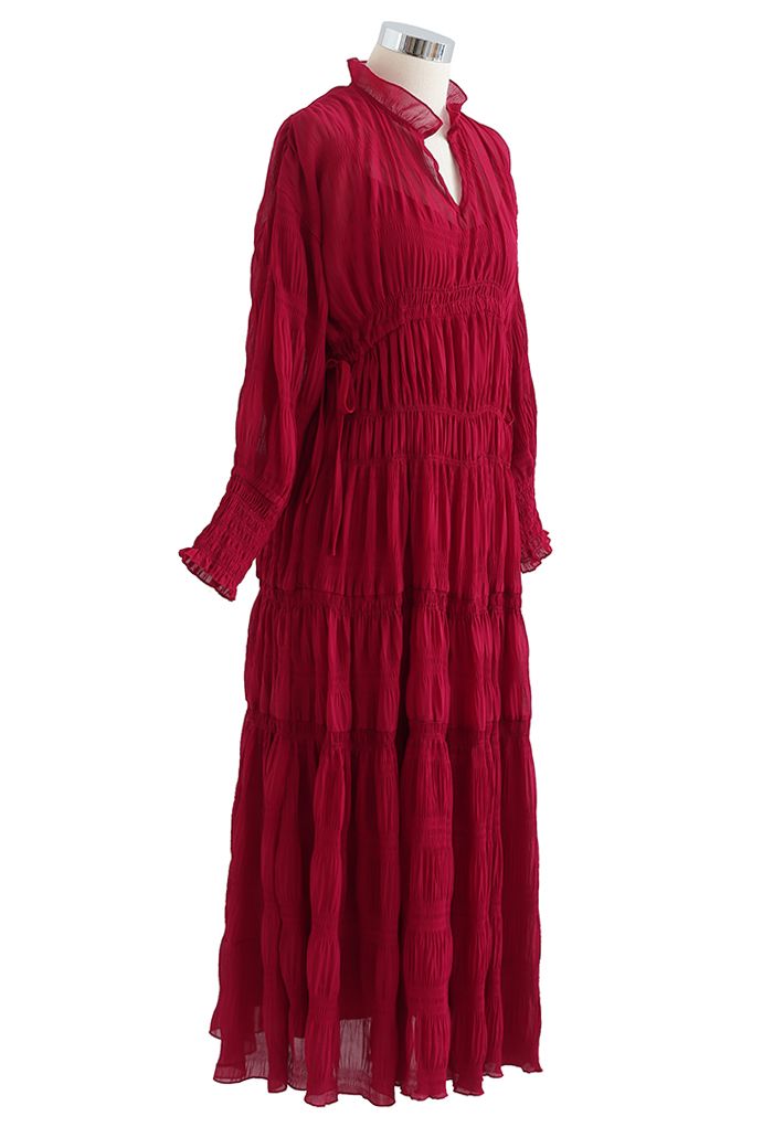 Full Shirring Side Drawstring Chiffon Dress in Red