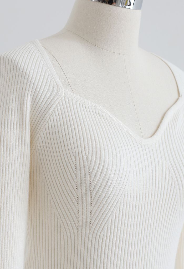 Square Neck Long Sleeves Fitted Knit Top in White